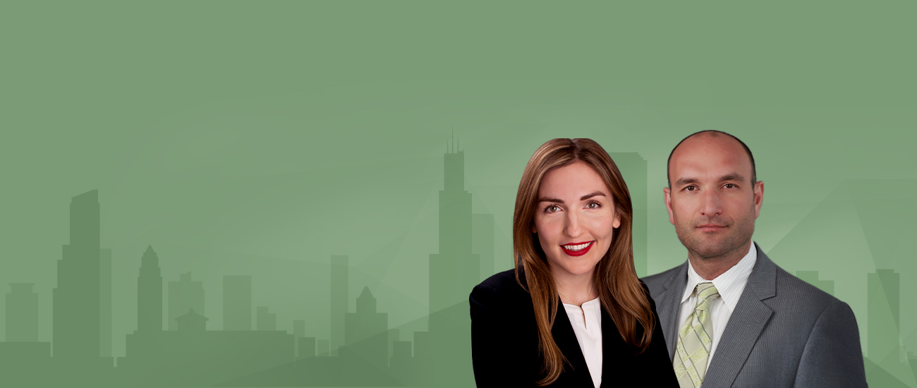 Portrait of Dean Wilhelm Taradash and Morgan Given, partners at Taradash Given, P.C., against a green background with a subtle silhouette of a city skyline.