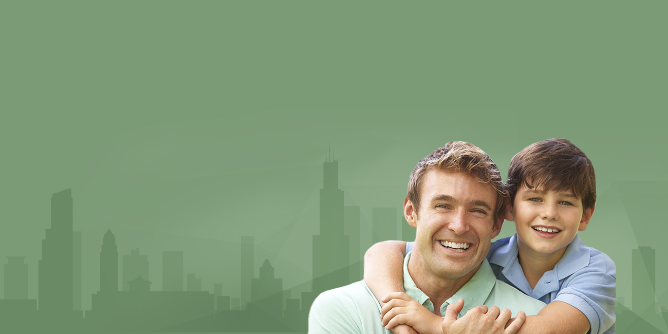 Portrait of a smiling man and young boy against a green background with a subtle silhouette of a city skyline.